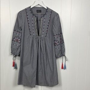 Sugar Lipz Pullover Dress M Blue/White Stripe 3/4 Sleeves w/Embroidery Pretty